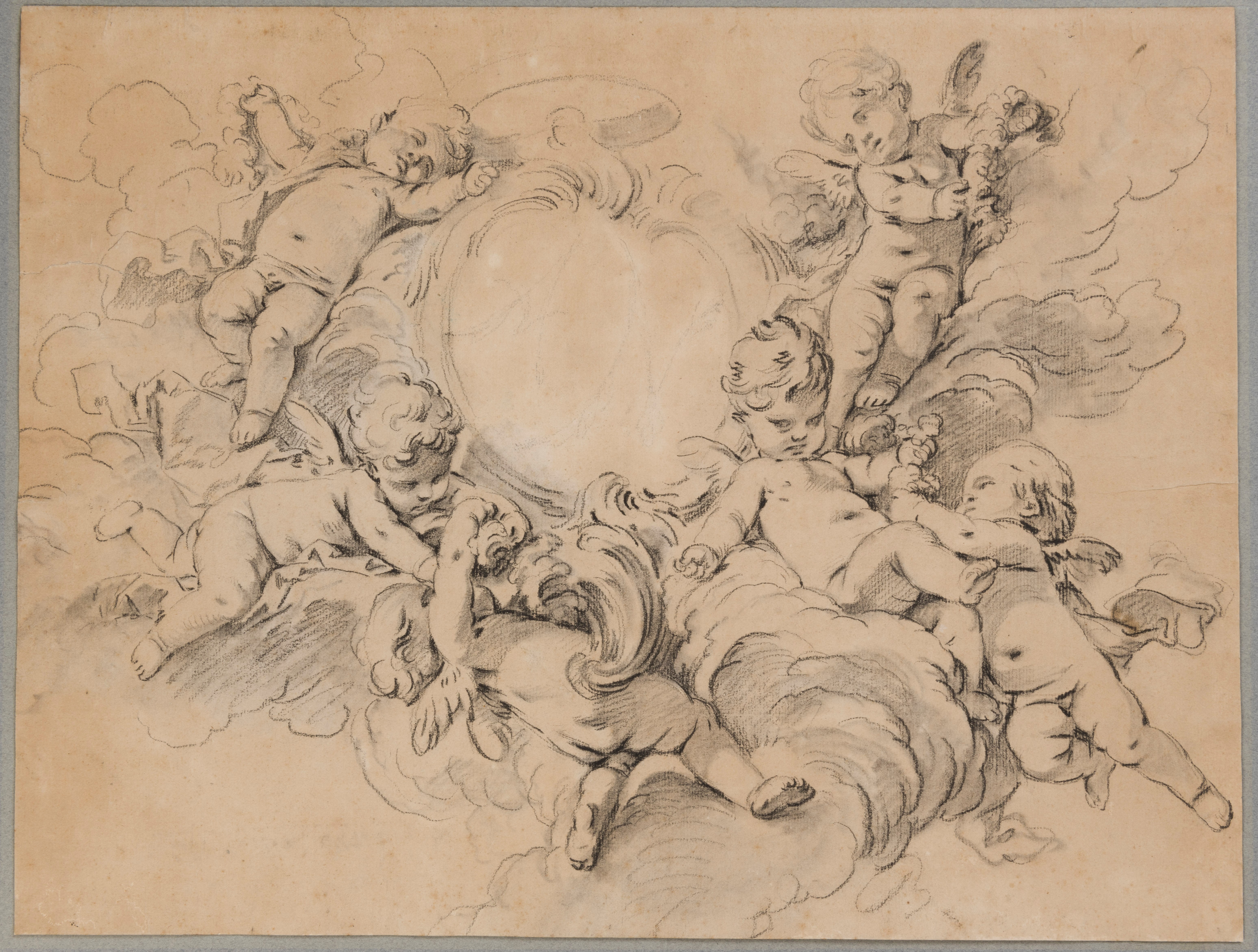 Six Putti in Clouds Supporting a Cartouche with the Letters AN and Surmounted by a Ducal Crown